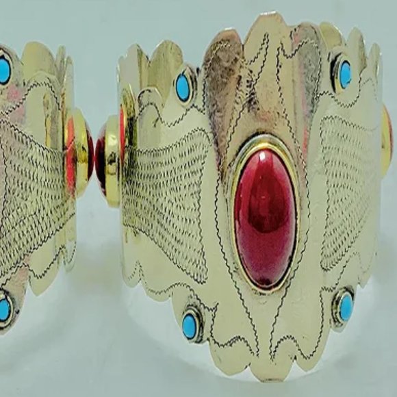 single Vintage Turkmen Cuff Bracelet, Ethnic Boho Cuff Bracelet With Stones - Picture 8 of 9